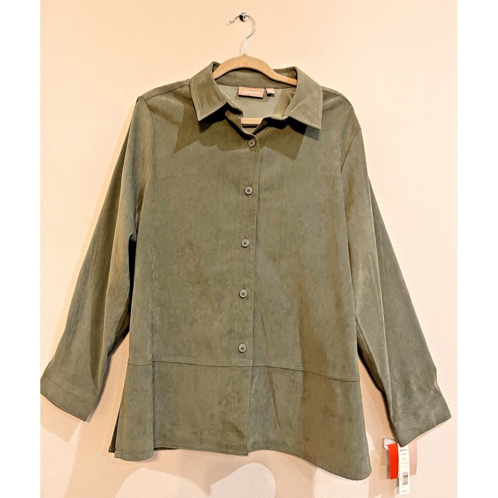 Croft & Barrow Faux Suede Sz Large Olive Green Button Down Shirt Top NWT  B29